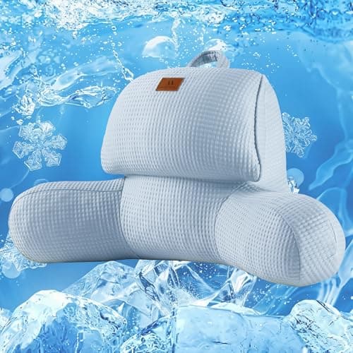 Amélie Home Cooling Reading Pillow with Arms for Adults, Breathable Waffle Fabric Bed Rest Pillow for Sitting Up, Ergonomic Back Support with Pockets for Gaming Relaxing, Sky Blue, 17 Inches