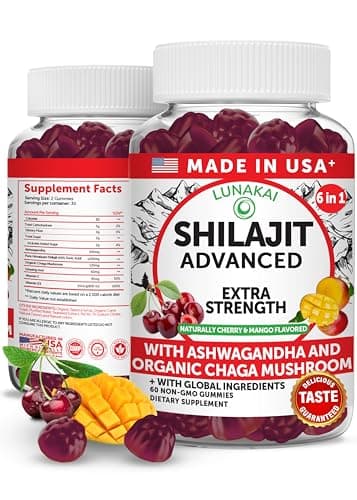 Lunakai USA Made 1200mg Pure Himalayan Shilajit Gummies for Men & Women with Ashwagandha & Chaga – Supplement for Daily Energy & Vitality Support, 60ct