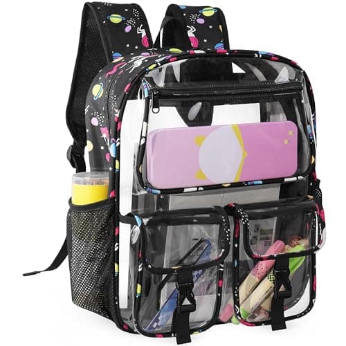 Clear Backpack for Girls, School Kids Heavy Duty See Through Bookbag Unicorn Transparent Backpack with Thicker Strap, Black