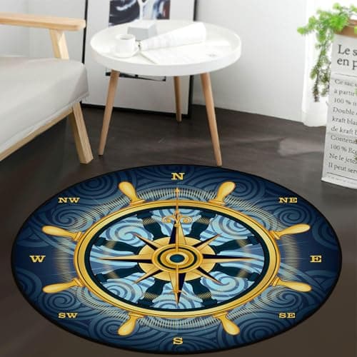 keepcute 6 ft Round Compass Rose Area Rug Nautical Non Slip Floor Mat