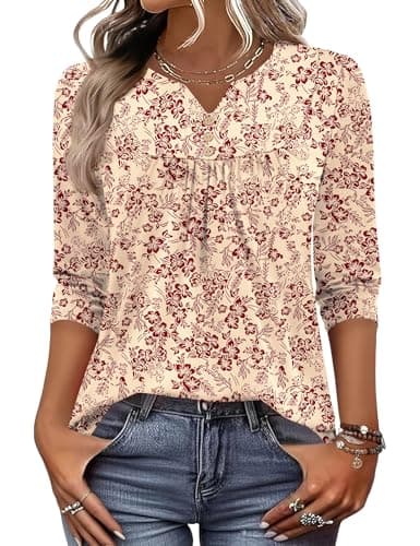 LOMON Tops for Women Trendy 3/4 Length Sleeve Womens V Neck Work Blouses 2026 Business Casual Outfits Ladies Tops and Blosues (Apricot Red Floral,L)