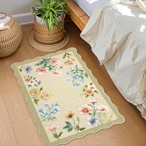 GarveeHome Floral Scalloped Entryway Rug, 2x3 Washable Boho Small Area Rug Non-Slip Low-Pile Indoor Front Door Mat Soft Throw Carpet for Entrance, Bedroom, Kitchen, Bath, Yellow