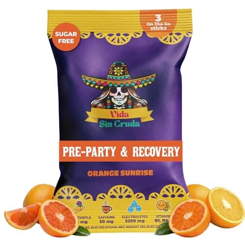 VIDA SIN CRUDA Electrolytes for Party Recovery | 3200mg Electrolytes for Rapid Hydration | 150mg Milk Thistle for Liver Support | 50mg Caffeine to Boost Energy | All Natural, Sugar-Free 3ct, Orange