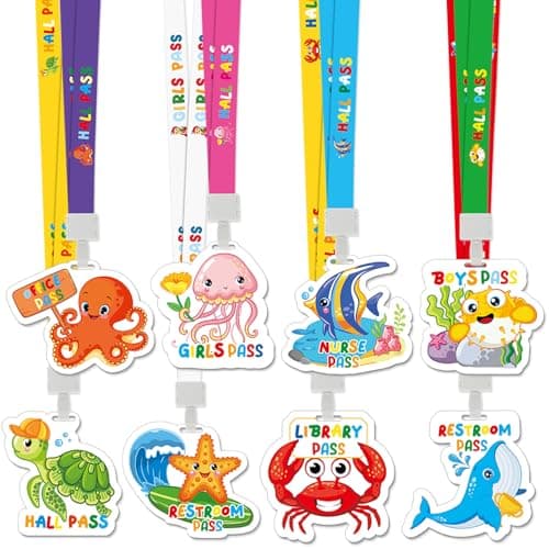 8 Set PVC Hall Pass Lanyards, Marine Animals Unbreakable School Passes