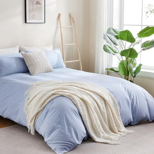 ATsense 100% Washed Cotton Duvet Cover Queen, Blue Striped Bedding Set