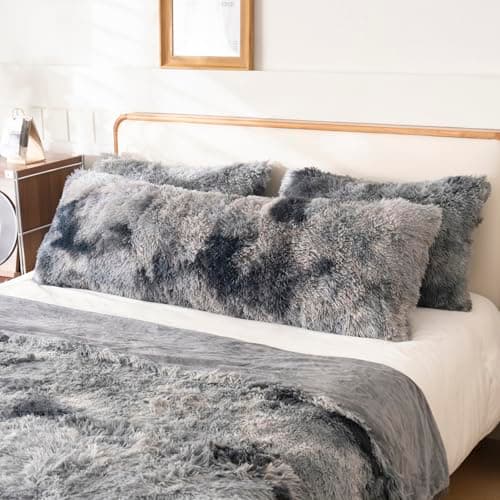 Plush Faux Fur Long Body Pillow Cover, Soft Fluffy Body Pillow Case with Zipper Closure, Shaggy Furry Decorative Pillowcase, Fuzzy Pillow for Bedroom and Living Room Couch (20"x54", Tie Dye Dark Gray)
