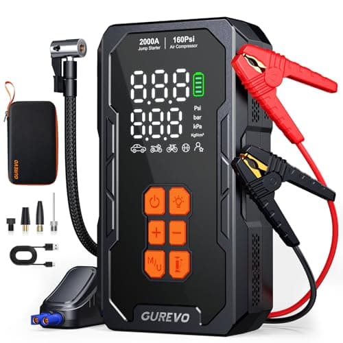 GUREVO 2000A Jump Starter with Air Compressor, Car Battery Jumper Starter Portable with 160PSI Auto-Shutoff Tire Inflator, Car Battery Charger Jump Box for 8.0L Gas/6.0L Diesel Engines