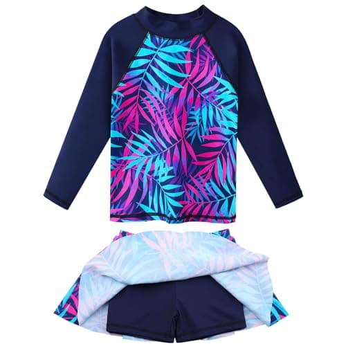 Girl's Two-Piece Long Sleeve Swimsuits UPF50+ Rash Guard Kids Bathing Suit S379_NavyLeaves_10A