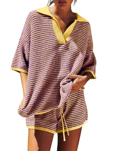 Tankaneo Womens Sweater Set 2 Piece Outfits Oversized 3/4 Sleeve V Neck Knit Tops High Waisted Shorts Lounge Sets