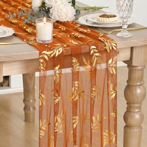 Artoid Mode Gold Leaves Caramel Gauze Table Runner 10FT, Glitter Metallic Foil Fall Sheer Dining Wedding Anniversary Birthday Table Decor for Home Party