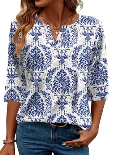 AKEWEI Spring 2026 3/4 Sleeve Tees for Women Loose Fit V Neck T Shirts Hide Tummy Dressy Casual Blue White Porcelain XL