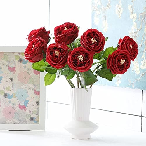 UKELER Red Roses 4 Pcs Real Touch Artificial Flowers Austin Rose Peony with Stem for Wedding Party Decoration Flower Arrangement