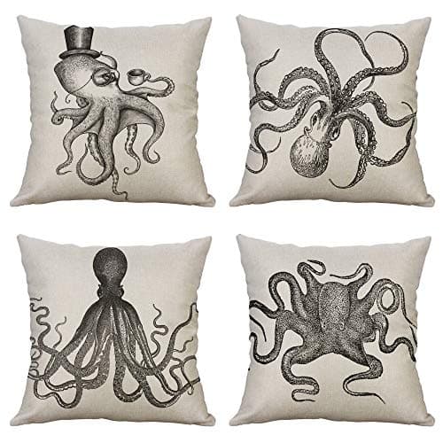 1758studio Decorative Throw Pillow Covers,18" x 18" Set of 4 Nautical Anchor Sailing Pillow Covers Cases Navy Cushion (Octopus)