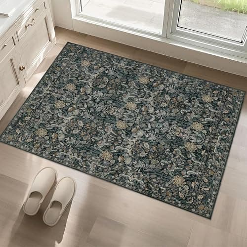 Luxcrest Green 2x3 Area Rug: Vintage Floral Washable Rugs for Entryway Hallway Bedside Kitchen Indoor - Soft Non-Slip Stain Resistant Low Pile Carpet - Dark Green