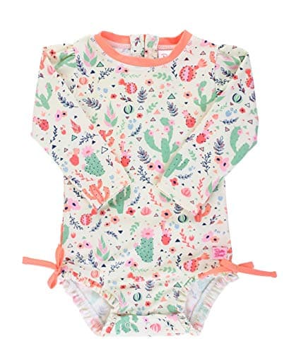 RuffleButts Baby Girls UPF 50+ Sun Protection Novelty Print Long Sleeve One Piece Rash Guard Swimsuit with Zipper - Desert Blossoms X, 18-24m