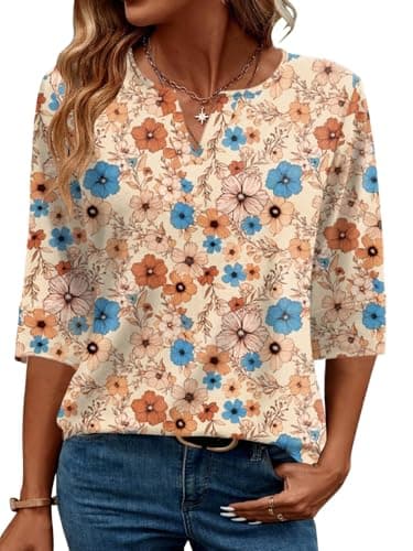 AKEWEI 3/4 Length Sleeve Womens Tops Dressy Casual Vneck T Shirt Summer Spring Tops for Women 2026 Apricot Egg Floral XL
