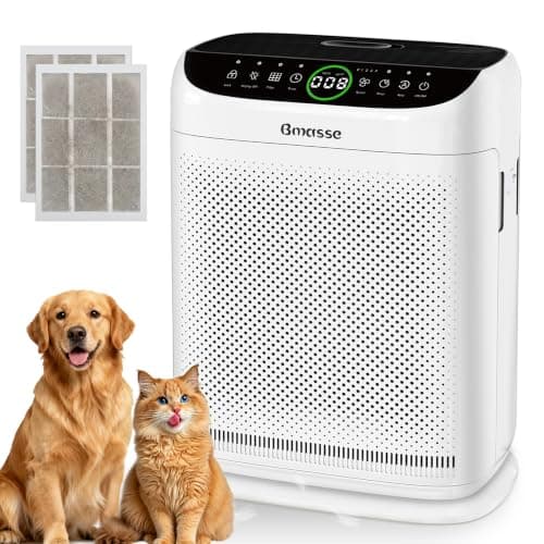 Bmasse Air Purifiers for Home Pets Large Room Up to 3000 Ft²,HEPA Air Cleaner with Washable Double-Side Filter, PM2.5 Air Quality Monitor,15dBSleep Mode for Bedroom Odor Dust Pollen,White