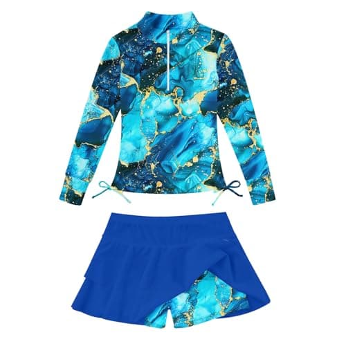 Toddler Girls Blue Marbled Bathing Suits 2 Piece Swimsuit Set Size 3-4