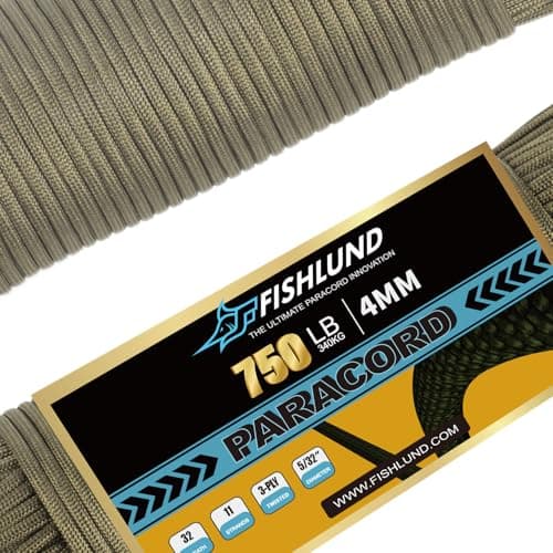FISHLUND 750lb Paracord, 4mm 11 Strand Parachute Cord, Heavy Duty Nylon Paracord Rope for Camping, Outdoor, Army Green, 100FT