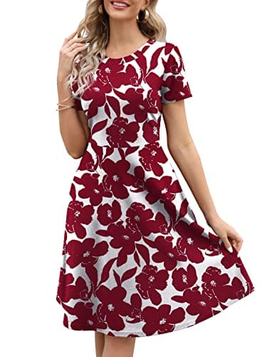 HELYO Summer Work Dresses for Women Professional Elegant 50s Office Casual Party Floral Print A-Line Dress with Pockets 162 Burgundy White XXL
