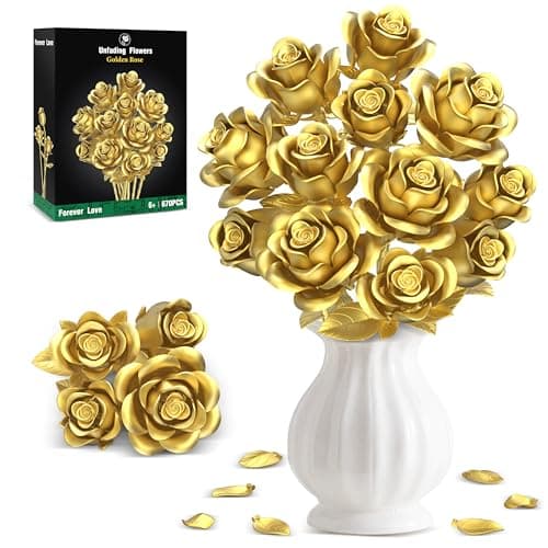 Metallic Gold Roses Flower Bouquet Building Sets, 670Pcs Golden Roses Botanical Collection Compatible with Lego Flowers Valentines Day Gifts for Her Women Girlfriend Wife Gothic Romantic Decor