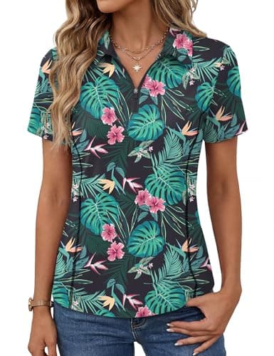 LOMON Womens V Neck Polo UV Protection Golf Polos Shirt UPF 50+ Collared Shirts Quick Dry Breathable Tops (Black Pink Floral S)