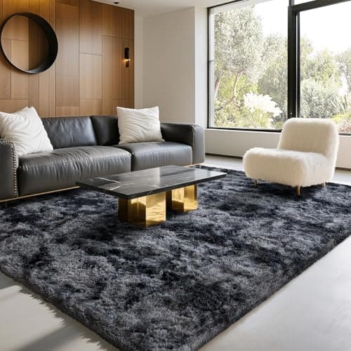 NoiFamo 6x9 Area Rugs for Living Room Bedroom, Soft Fluffy Shaggy Bedside Rug, Indoor Floor Carpet for Kids Playroom, Dorms, Nursery Rooms, Home Decor (Tie-Dyed Dark Grey 6'x9')