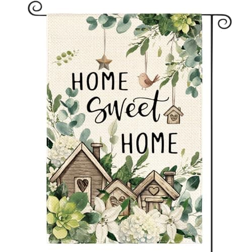 AVOIN colorlife Home Sweet Home Birdhouse Spring Floral Garden Flag 12x18 Inch Double Sided Outside, Eucalyptus Flowers Seasonal Yard Outdoor Flag