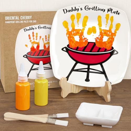 ORIENTAL CHERRY Father's Day Gifts - DIY Daddy's Grilling Plate with Handprint - Personalized Step Dad Gifts from Wife Kids - Funny BBQ Crafts Birthday Present Ideas for First Papa from Daughter Son