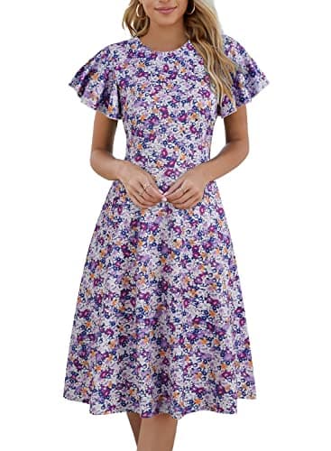 Semi Formal Dress for Women Cocktail Ruffle Sleeves Floral Dot V-Back A-Line Ladies Summer Wedding Guest Pockets Dresses 842 Purple Floral S