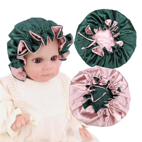 Gebelle Baby Silk Satin Bonnet Hair Care Cap Hat for Infant Toddler Kids Adjustable Reversible Sleep Caps Hair Wrap Bonnets (3-7Y,Blush/Forest)