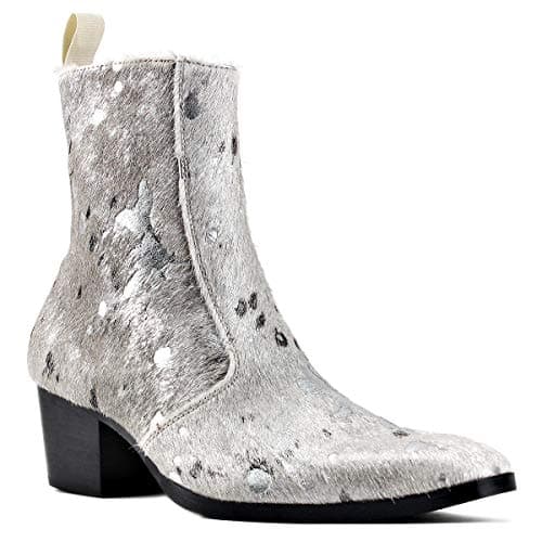 OSSTONE Men Chelsea Ankle Boots Leather Pony Hair Leopard Boot with Side Zipper Heel Boots JY012-B Silver US8.5