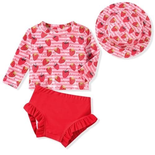 HINTINA 0-3 Months Baby Girl Long Sleeve Swimsuit Two Piece Rash Guard Set Infant Strawberry Bathing Suit with Hat Swimming Beach Wear