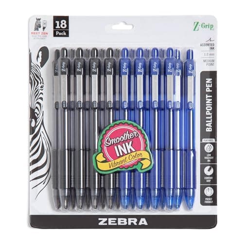 Zebra Pen Z-Grip Retractable Ballpoint Pen, Black/Blue, 1.0mm, 18-Pack