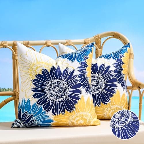 Outdoor Pillow Covers Summer Waterproof Sunflower Throw Pillow Covers 20x20 Decorative Blue Yellow Floral Cushion Covers Square Garden Throw Pillowcase Set of 2 for Patio Furniture Tent Balcony Bench