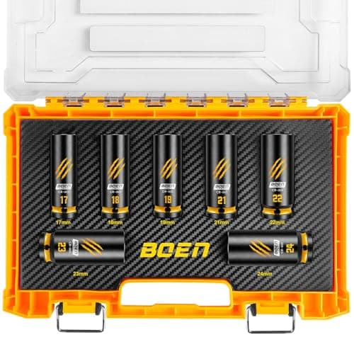 BOEN 7-Piece 1/2" Drive Impact Socket Set, Deep Metric Lug Nut Socket Set (17, 18, 19, 21, 22, 23, 24 mm), CR-MO Steel, Deep Embossed and Painted Marking, 6-Point Design