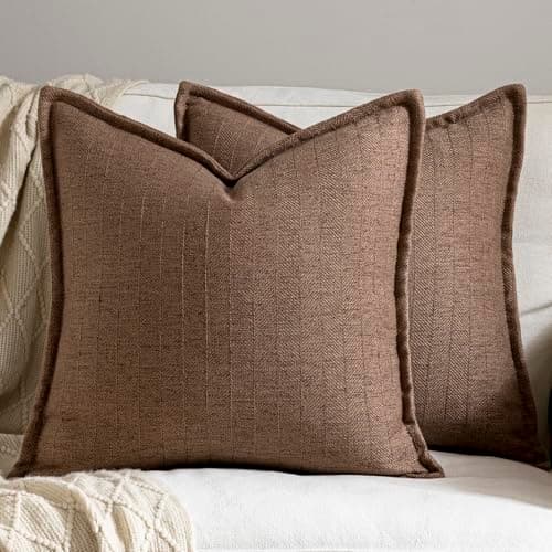 DEZENE 22x22 Linen Pillow Covers Brown Pack of 2 Farmhouse Boho Neutral Accents Striped Textured Square Decorative Throw Pillow Cases for Living Room Couch Bed Home Decor