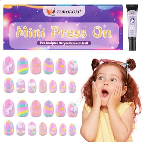 26PCS Kids Press on Nails for Girls, TOROKOM Cute Kids Fake Nails Rainbow Kid Glue on Nail Short Almond False Nail Art Gift for Girls Children 8-12 Age with Builder Nail Glue (1 Pack)