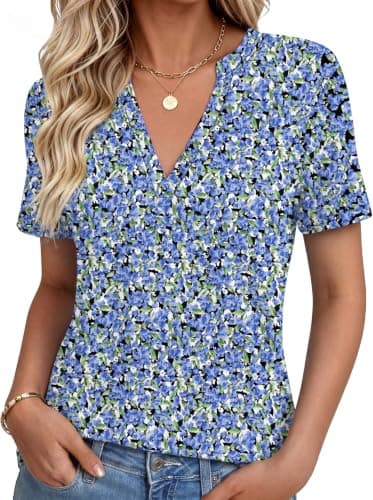 NORACORA Women's V Neck Short Sleeve T Shirt Summer Casual Tops Loose Fit Basic Blouses Trendy Fashion for Work Daily Wear Floral-Cyan S