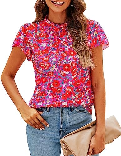 SimpleFun Womens Summer Tops 2024 Ruffle Short Sleeve Mockneck Retro Floral Boho Shirts Blouses Pink M