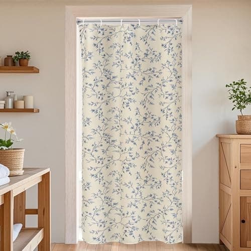 Fammio Blue Floral Shower Curtain 36x72, Lightweight Faux Linen Bathroom Curtains, Twiggy Leaves Botanical Cottagecore Farmhouse Decor, Water Repellent Fabric