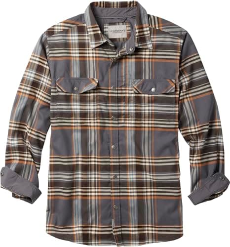 Legendary Whitetails Men's Performance Stretch Plaid Flannel Long Sleeve Snap Down Shirt Moisture Wicking Quick Dry, Deep Cinder, Medium