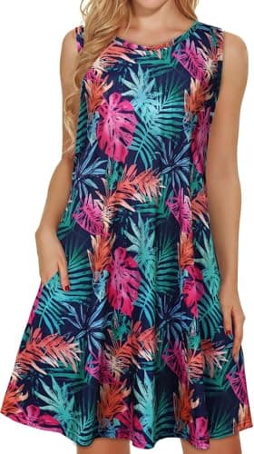elescat Summer Dresses for Women Casual Beach Sleeveless Sundress Scoop Neck Swing Tank Dress with Pocket(Navy Blue Colorful Leaf, S)