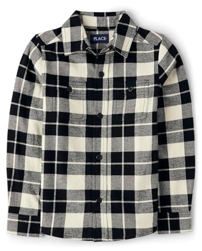 The Children's Place,Long Sleeve Plaid Flannel Button Up Shirt,HAY Stack,Large (10/12) Black