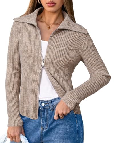 Arach&Cloz Women's Fall Cardigan 2025 Zip Up Sweater Long Sleeve Lapel V Neck Fashion Knit Lightweight Sweatshirts Trendy Business Casual Jacket Outfits Coffee XL