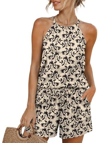 Rapbin Two Piece Short Sets for Women Casual Vacation Summer Outfits Sleeveless Halter Tops Apricot Black Floral XXL