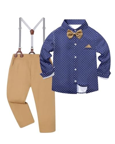 DISAUR Boys Suits Size 7 8 Slim Fit 3 Piece Semi Formal Dresswear Suit for Kids Wedding Set Toddler Boy Dress with Blue Polka Dot Shirt Suspender Khaki Pants and Tie