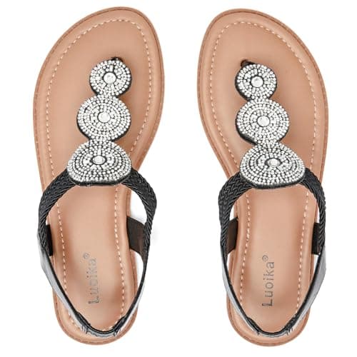 Luoika Women's Wide Width Flat Sandals, Flip Flop Thong Sandals Strappy Rhinestone Comfortable Summer Beach Shoes for Women.813 Black 7.5XW