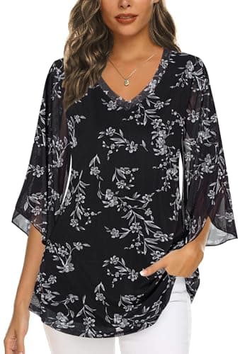Bepei Womens Blouses Dressy Casual,3/4 Sleeve Tops for Work Office Wear Stylish Chic Mesh Business Tunic Shirts Trendy New Years Eve Top Pleated Front Long Dress Shirt Fall Fashion 2025,Black White XL