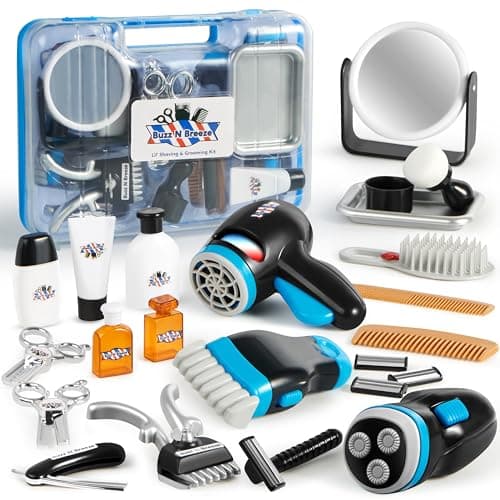 JOYIN Barber Shop Pretend Role Play Toy, 23 Pcs Kids Shaving Kit for Boys, Haircut Kit for Boys 3+ Year Old Birthday Gift, Upgraded Kids Role Play Set with Storage Box